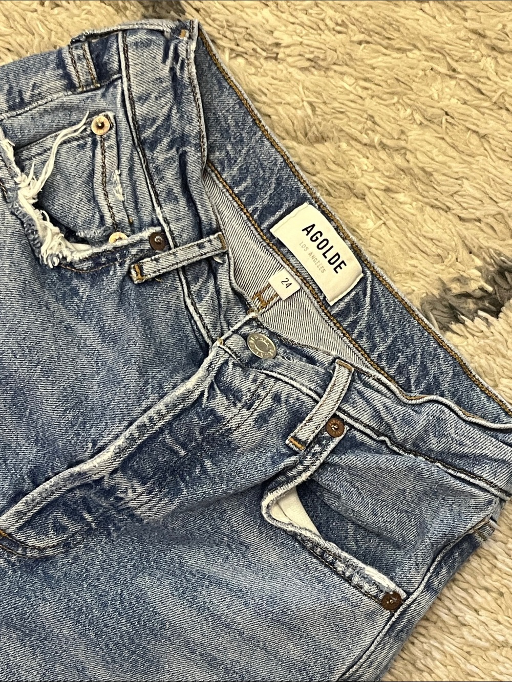 AGOLDE Riley Long High Rise Straight Jeans Size 24 Raw Hem Blue Denim - Picture 5 of 8